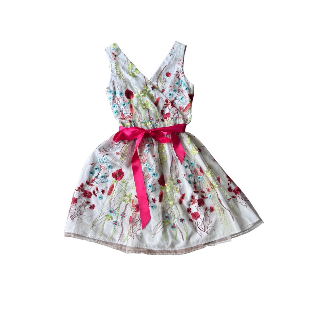 Leslie Fay Floral Embroidered Mesh V-Neck Fit & Flare Dress White Pink Size 10
